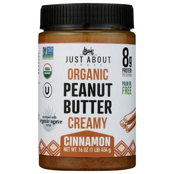 JUST ABOUT FOODS: Organic Peanut Butter Creamy Cinnamon, 16 oz