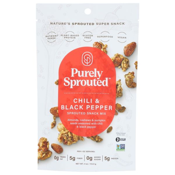 PURELY SPROUTED: Chili And Black Pepper Sprouted Snack Mix, 4 oz