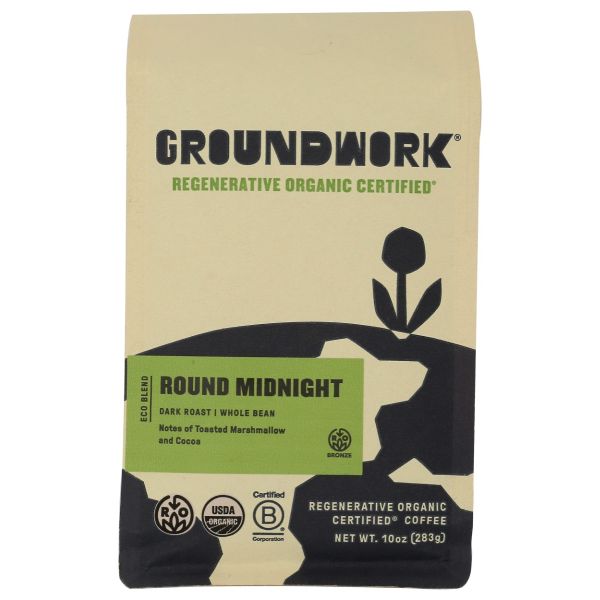 GROUNDWORK COFFEE: Regenerative Organic Certified Round Midnight Dark Roast Whole Bean, 10 oz