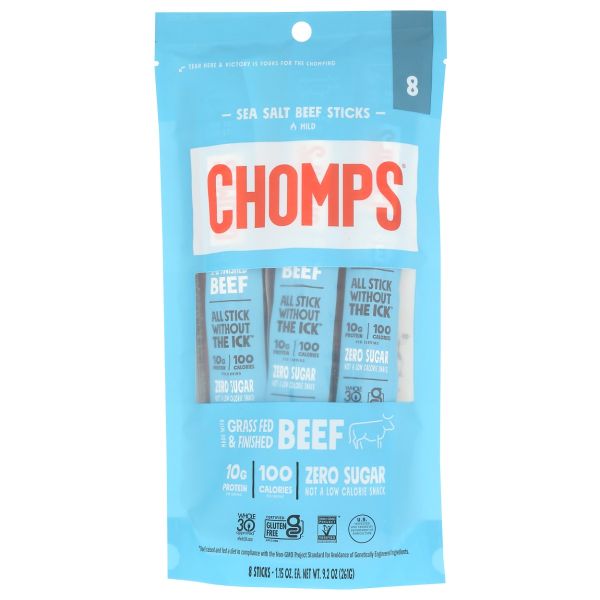 CHOMPS: Sea Salt Beef Jerky Sticks 8Pc, 9.2 oz