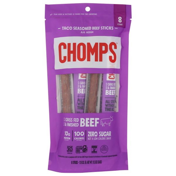 CHOMPS: Grass Fed And Finished Taco Beef Sticks 8Pk, 9.2 oz