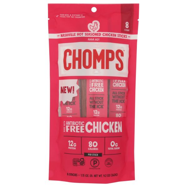 CHOMPS: Nashville Hot Seasoned Chicken 8 Sticks, 9.2 oz