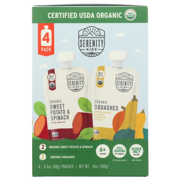 SERENITY KIDS: Organic Sweet Potato Spinach and Organic Squashes 4 Baby Pouches, 14 oz