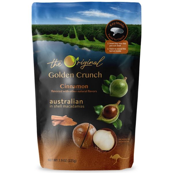 GOLDEN CRUNCH: Cinnamon Macadamias, 7.9 oz