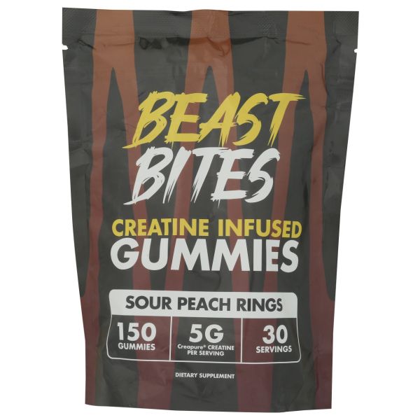 BEAST BITES: Creatine Infused Gummies Sour Peach Rings, 150 pc