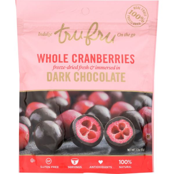 TRU FRU INDULGE ON THE GO: Whole Cranberries Freeze-dried Dark Chocolate, 3.2 oz