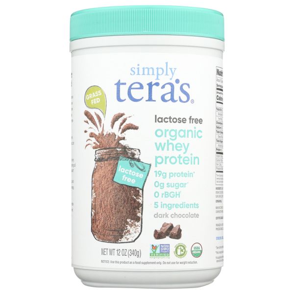 SIMPLY TERAS: Organic Whey Protein Dark Chocolate Lactose Free, 12 oz