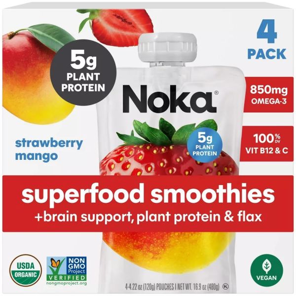 NOKA: Strawberry Mango + Brain Support Superfood Smoothies 4Pack, 16.9 oz