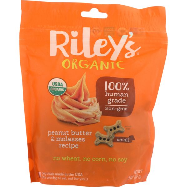 RILEY'S ORGANIC: Peanut Butter & Molasses Recipe Small Bone Dog Treats, 5 oz