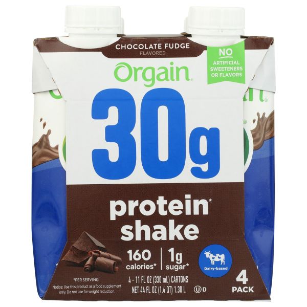 ORGAIN: Chocolate Fudge 30g Milk Protein Shake 4pk, 44 fo