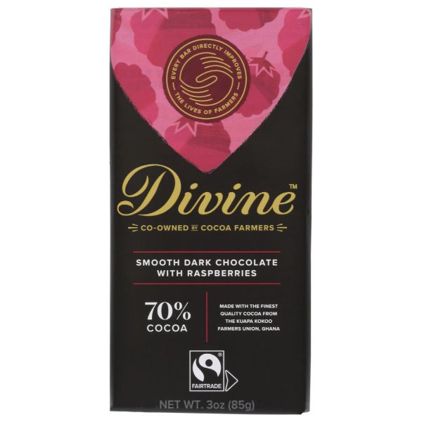 DIVINE CHOCOLATE: 70% Dark Chocolate Bar with Raspberries, 3 oz