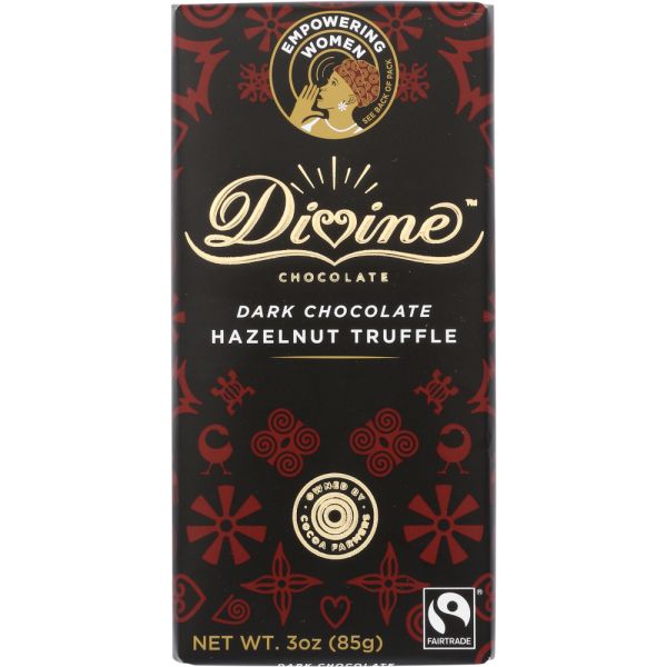 DIVINE CHOCOLATE: Dark Chocolate with Hazelnut Truffle, 3 oz