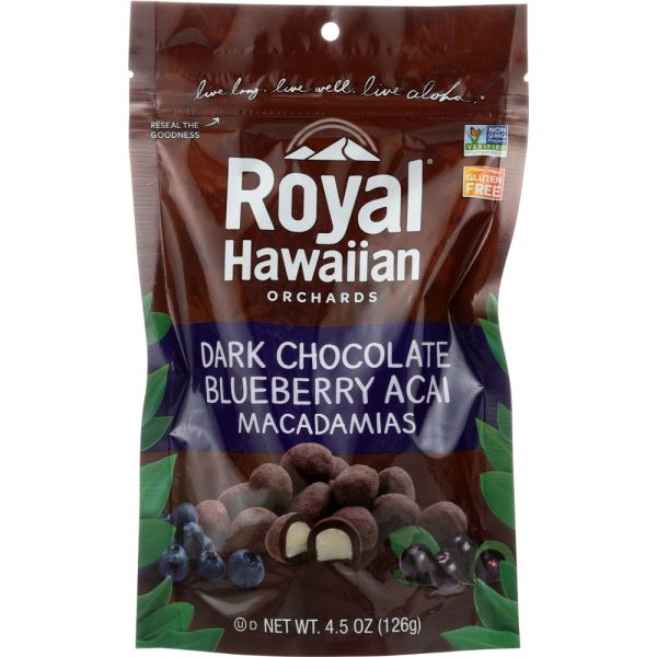 ROYAL HAWAIIAN ORCHARDS: Dark Chocolate Covered Blueberry Acai Macadamia Nuts, 4.5 oz
