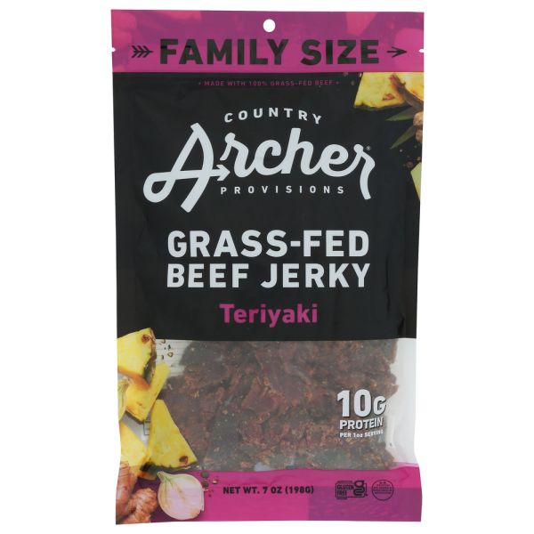 COUNTRY ARCHER: Teriyaki Grass Fed Beef Jerky, 7 oz