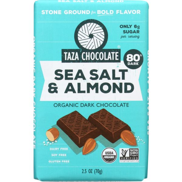 TAZA CHOCOLATE: 80% Sea Salt & Almond Dark Chocolate Bar,  2.5 oz