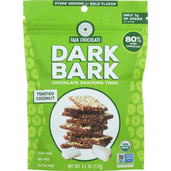 TAZA CHOCOLATE: Toasted Coconut Dark Bark Chocolate Thins, 4.2 oz