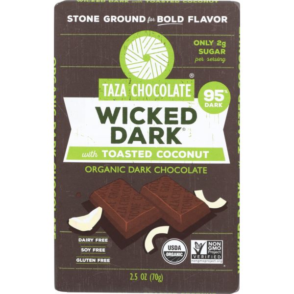 TAZA CHOCOLATE: 95% Wicked Dark Chocolate with Toasted Coconut, 2.5 oz