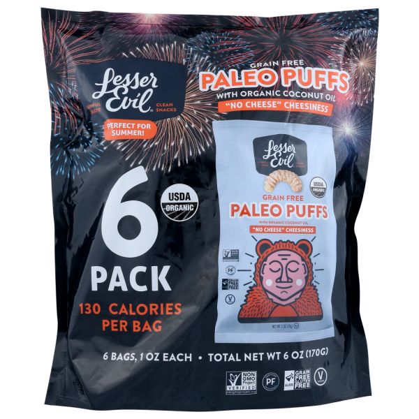 LESSER EVIL: Paleo Puffs No Cheese Snack Pack, 6 ea