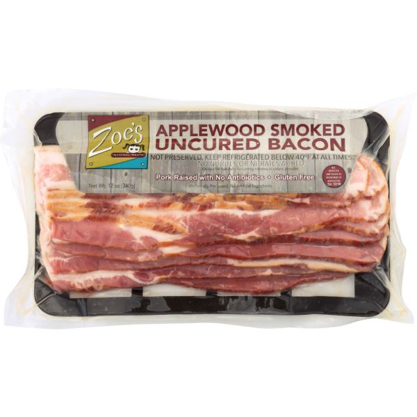 ZOES MEATS: Applewood Smoked Uncured Bacon, 12 oz