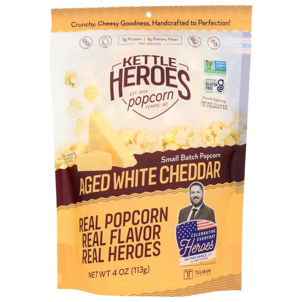 KETTLE HEROES: Popcorn Aged White Cheddar, 4 OZ