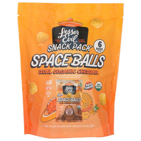 LESSER EVIL: Organic Real Organic Cheddar Space Balls Puffs 6Pc, 3.6 oz