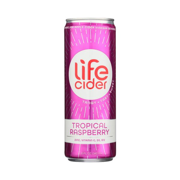 LIFE CIDER: Tropical Raspberry Sparkling Apple Cider Vinegar Lemonade, 12 fo
