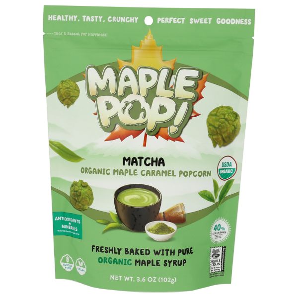 MAPLE POP: Matcha Organic Maple Caramel Popcorn, 3.6 oz