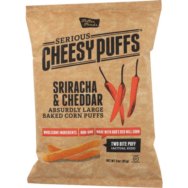 SERIOUS CHEESY PUFFS: Sriracha and Cheddar Corn Puffs, 3 oz
