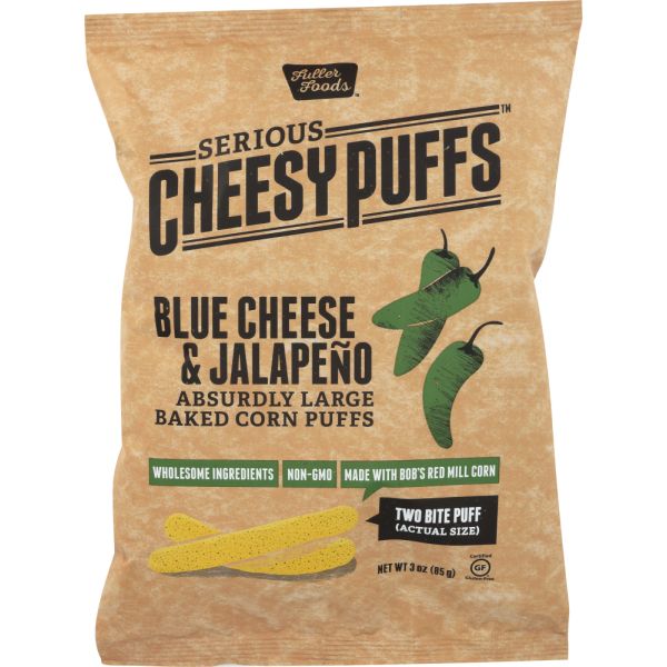 SERIOUS CHEESY PUFFS: Blue Cheese and Jalapeño Corn Puffs, 3 oz