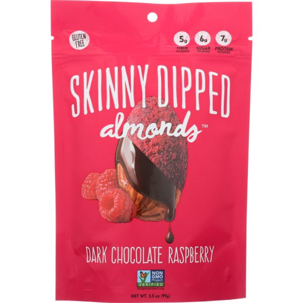 SKINNY DIPPED ALMONDS: Almond Raspberry Dipped Pouch, 3.5 oz