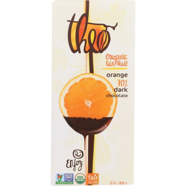 THEO CHOCOLATE: Organic 70% Dark Chocolate Bar Orange, 3 oz