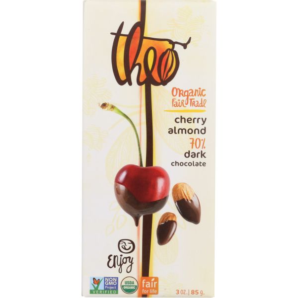 Theo Chocolate Organic 70% Dark Chocolate Bar Cherry and Almond, 3 Oz