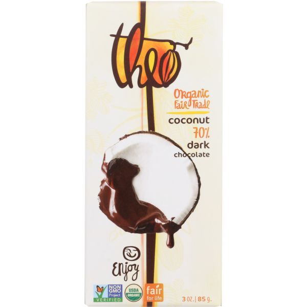 Theo Chocolate Organic 70 % Dark Chocolate With Toasted Coconut, 3 oz
