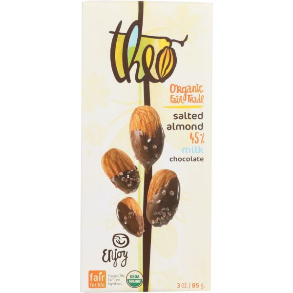 Theo Chocolate Organic Milk Chocolate with Salted Almonds Bar, 3 oz