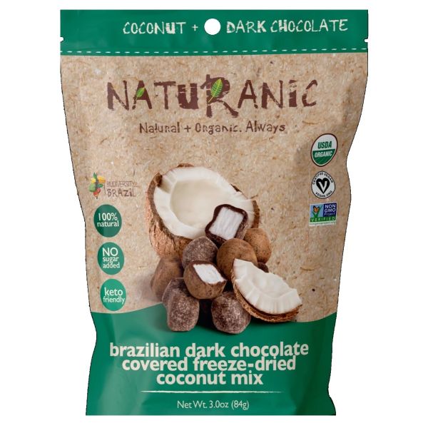 NATURANIC: Brazilian Dark Chocolate Covered Freeze-Dried Coconut Mix Snack, 3 oz