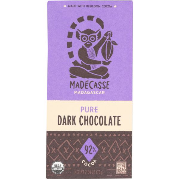 MADECASSE: Pure Dark Chocolate Bar 92% Cocoa, 2.64 oz