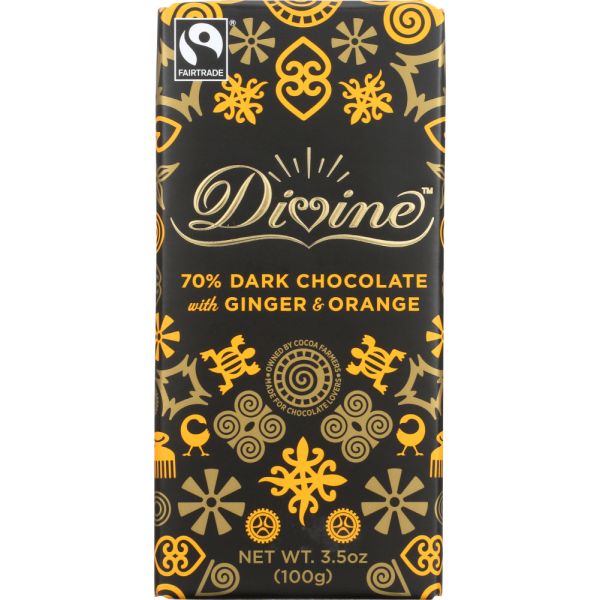 Divine Chocolate 70 % Dark Chocolate With Ginger & Orange, 3.5 oz