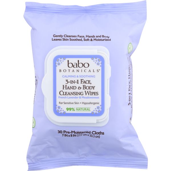 BABOBOTANI: 3 In 1 Face, Hand & Body Cleansing Wipes French Lavender 4 Pack, 120 ct