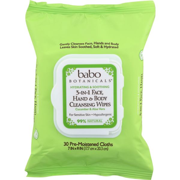 BABOBOTANI: 3-in-1 Hydrating Face, Hands & Body Wipes Cucumber & Aloe Vera 4 Pack, 120 ct