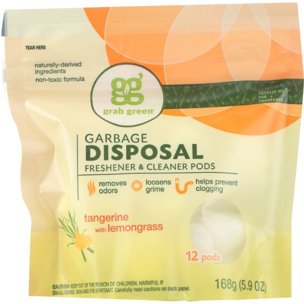 GRABGREEN: Garbage Disposal Freshener & Cleaner Pods Tangerine+Lemongrass, 5.9 oz