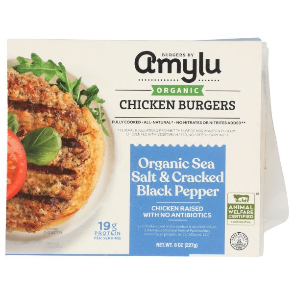 AMYLU FOODS: Organic Sea Salt And Cracked Black Pepper Chicken Burger, 8 oz