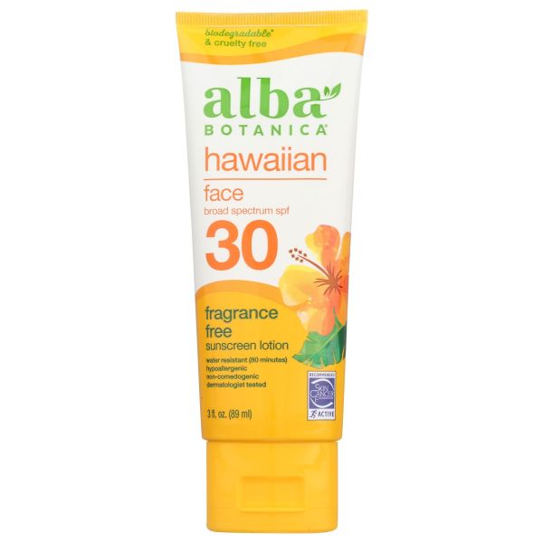 ALBA BOTANICA: Hawaiian Sunscreen Fragrance Free Lotion SPF 30, 3 fo