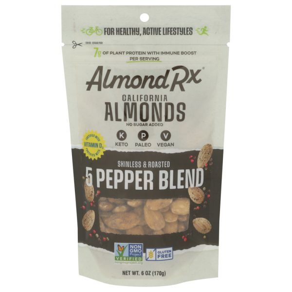 ALMONDRX: Five Pepper Blend Skinless and Roasted Almonds, 6 oz