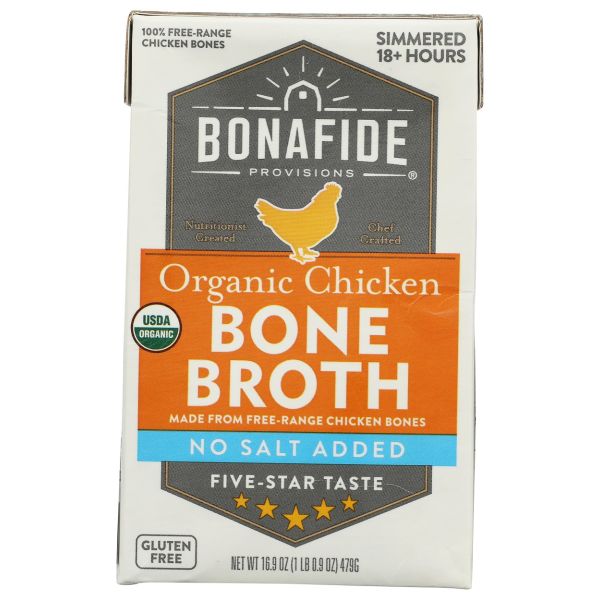 BONAFIDE PROVISIONS: Organic Chicken Bone Broth No Salt Added, 16.9 oz