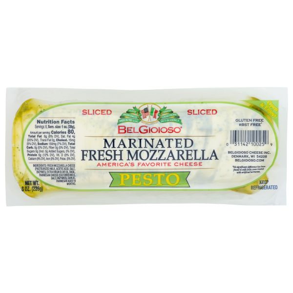 BELGIOIOSO: Sliced Marinated Fresh Pesto Mozzarella Cheese, 8 oz