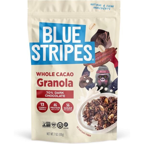 BLUE STRIPES: Whole Cacao Granola 70 Percent Dark Chocolate, 7 oz