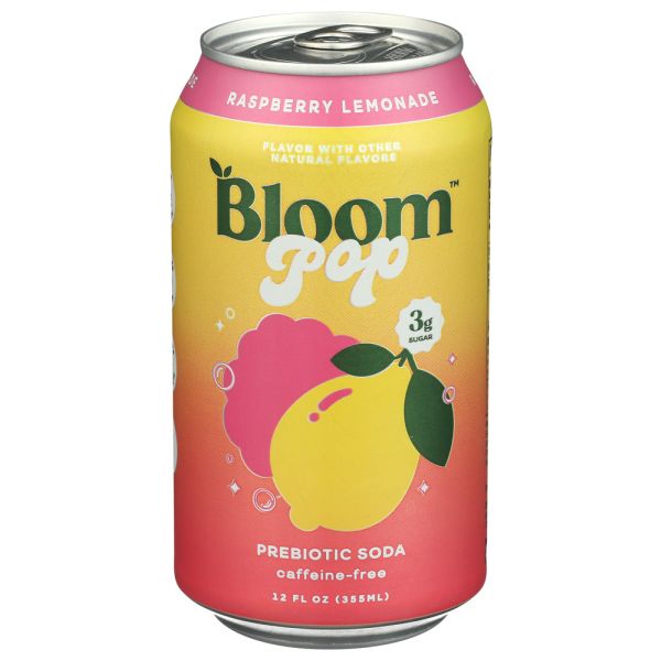 BLOOM POP: Raspberry Lemonade Prebiotic Soda, 12 fo
