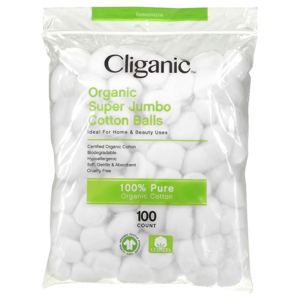 CLIGANIC: Organic Super Jumbo Cotton Balls, 100 ct