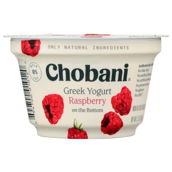 CHOBANI: Non Fat Greek Yogurt Raspberry on the Bottom, 5.3 oz