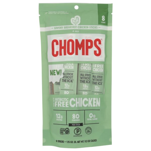 CHOMPS: Savory Breakfast Chicken Meat Sticks 8 Count, 9.2 oz